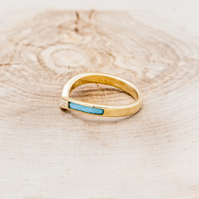 "KIDA" - V-SHAPED STACKING BAND WITH TURQUOISE INLAYS & DIAMOND ACCENTS - 14K YELLOW GOLD - SIZE 8 1/2-Staghead Designs