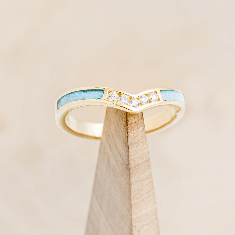 "KIDA" - V-SHAPED STACKING BAND WITH TURQUOISE INLAYS & DIAMOND ACCENTS - 14K YELLOW GOLD - SIZE 8 1/2-Staghead Designs