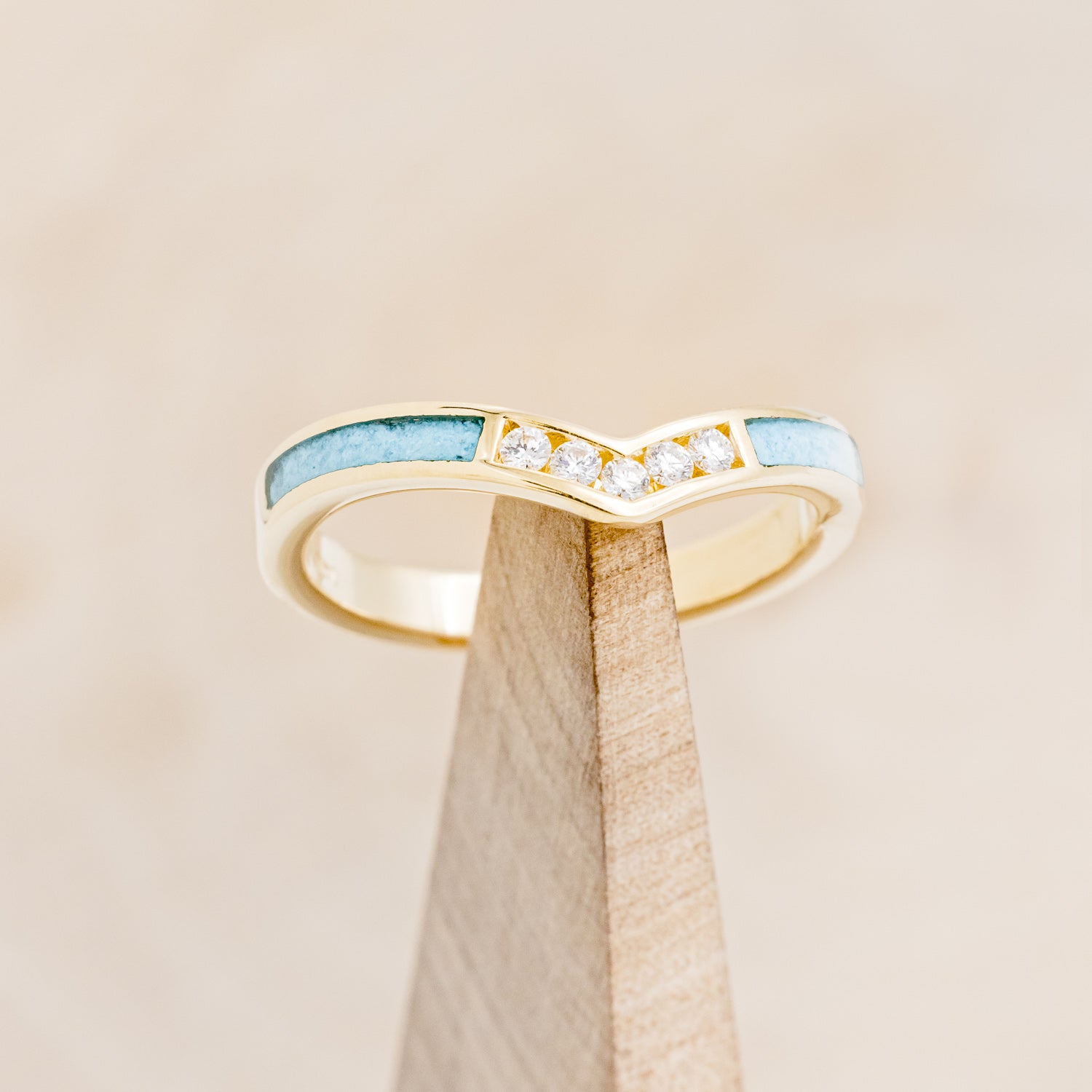 "KIDA" - V-SHAPED STACKING BAND WITH DIAMONDS & TURQUOISE INLAYS-7