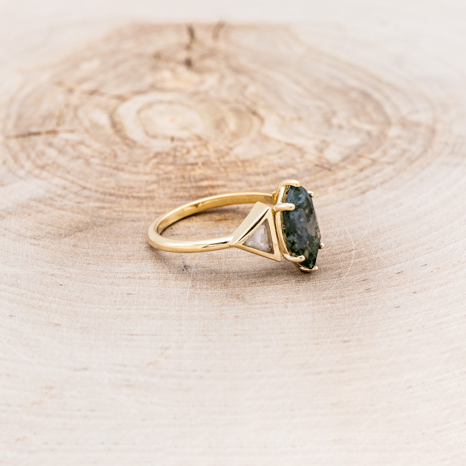 "NILE" - MARQUISE MOSS AGATE ENGAGEMENT RING WITH MOTHER OF PEARL INLAYS-2