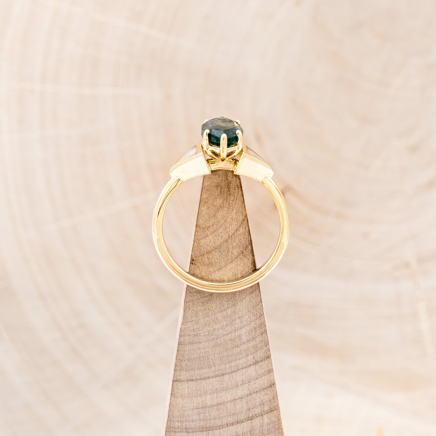 "NILE" - MARQUISE MOSS AGATE ENGAGEMENT RING WITH MOTHER OF PEARL INLAYS-6