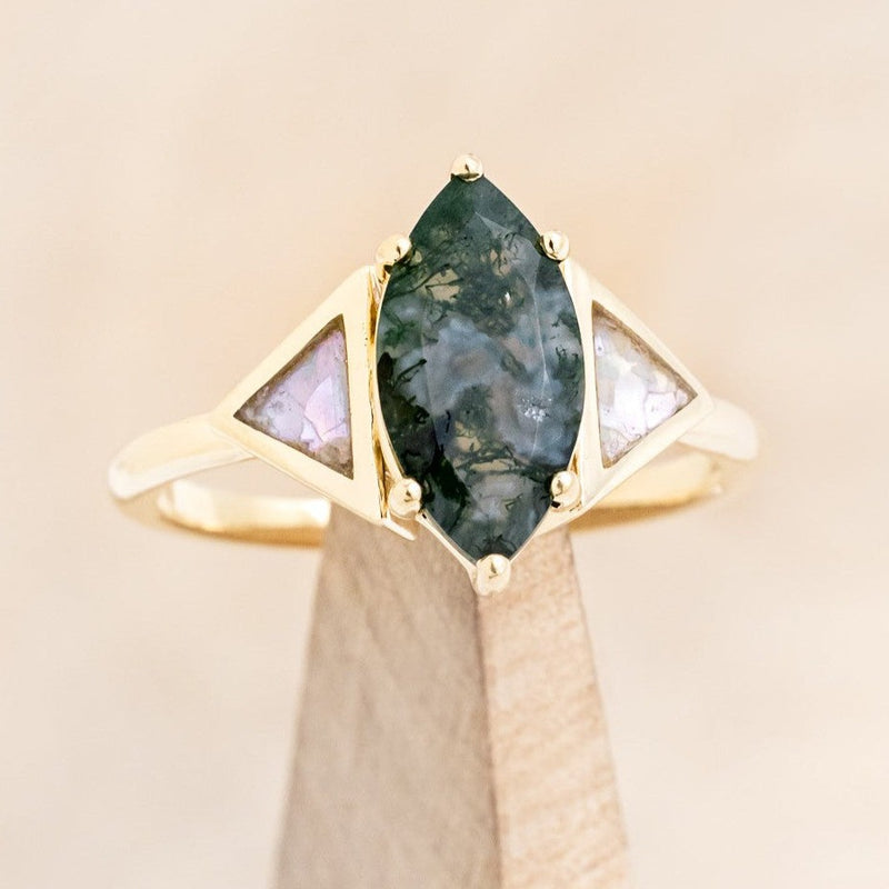 "NILE" - MARQUISE MOSS AGATE ENGAGEMENT RING WITH MOTHER OF PEARL INLAYS