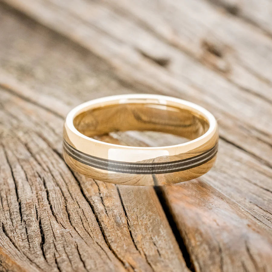"NIRVANA" - WEDDING BAND WITH GUITAR STRING INLAY - 14K YELLOW GOLD (6MM) - SIZE 8-Staghead Designs