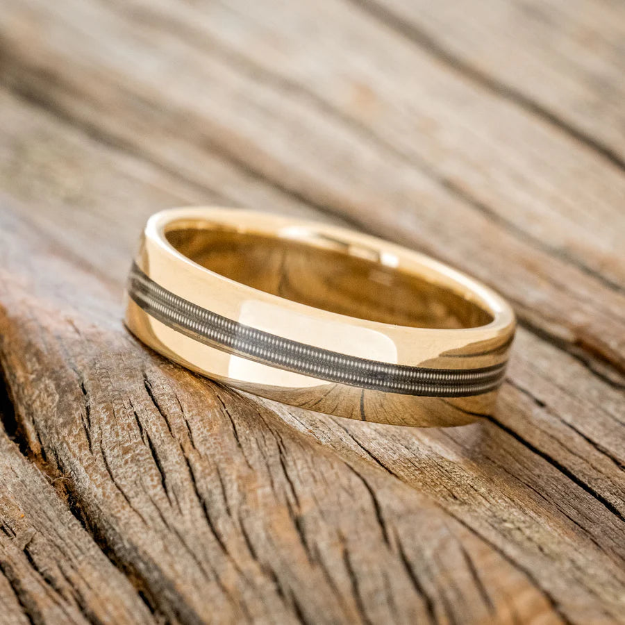 "NIRVANA" - WEDDING BAND WITH GUITAR STRING INLAY - 14K YELLOW GOLD (6MM) - SIZE 8-Staghead Designs