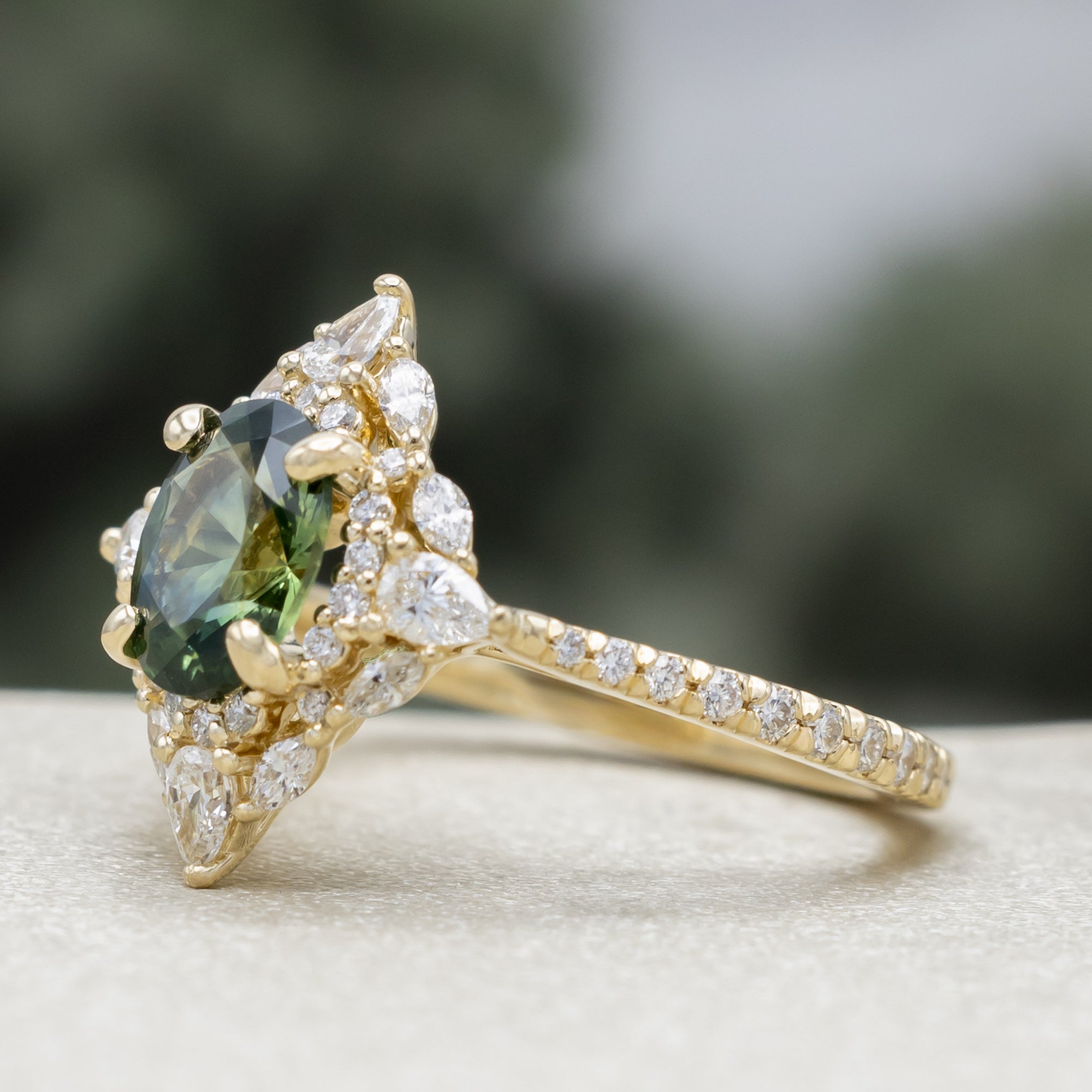"North Star" - Oval Cut Montana Sapphire Engagement Ring With Diamond Halo & Accents-Staghead Designs