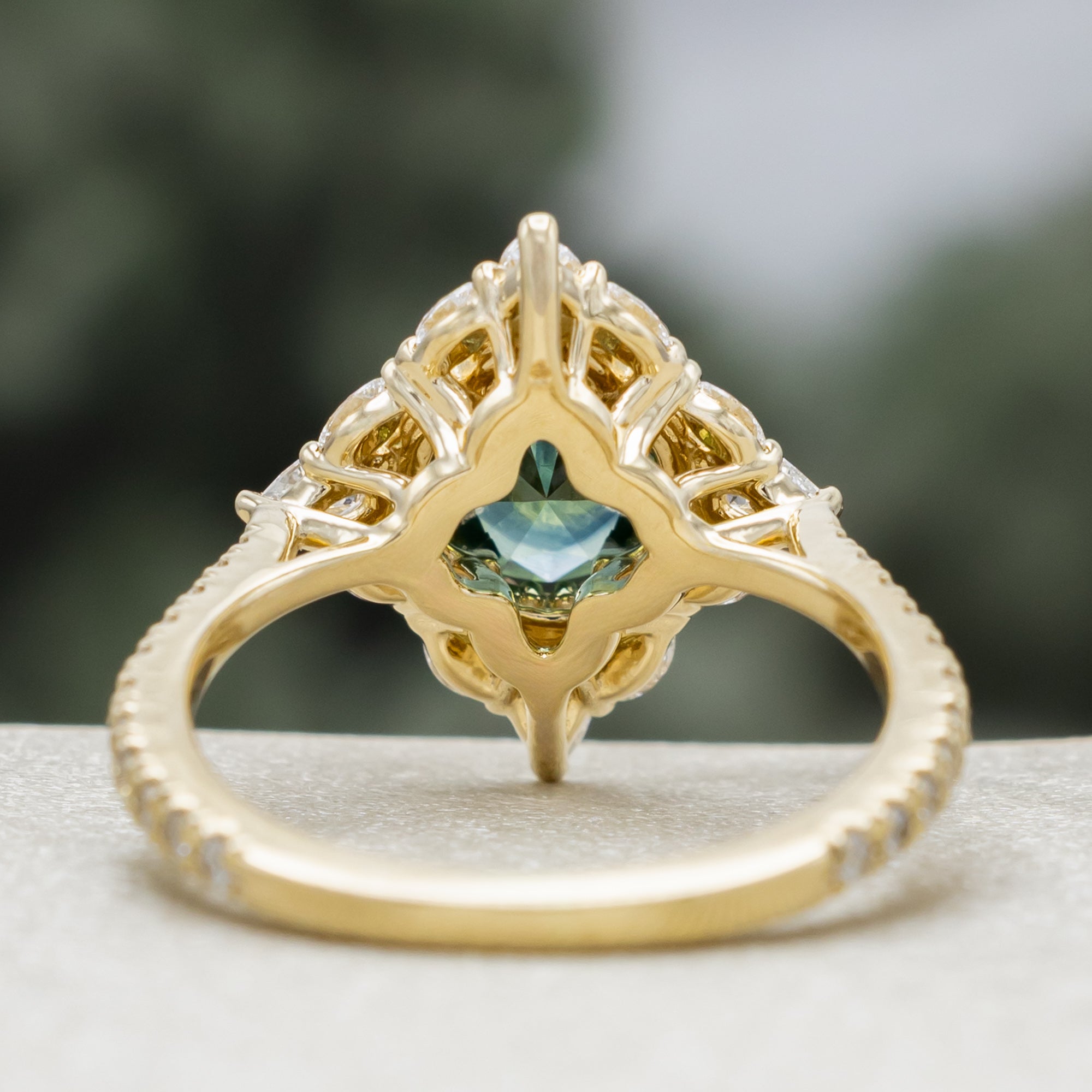 "North Star" - Oval Cut Montana Sapphire Engagement Ring With Diamond Halo & Accents-Staghead Designs