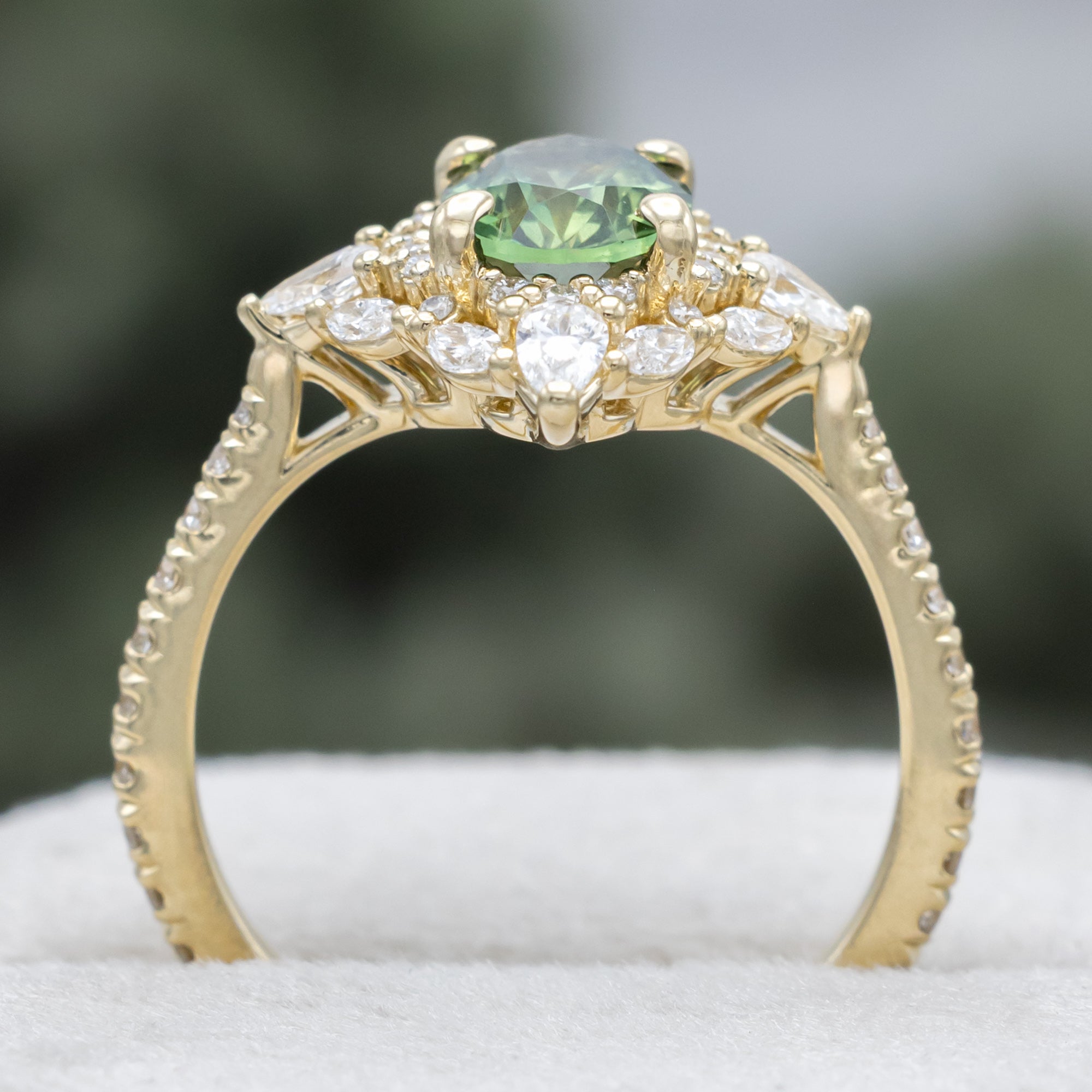 "North Star" - Oval Cut Montana Sapphire Engagement Ring With Diamond Halo & Accents-Staghead Designs