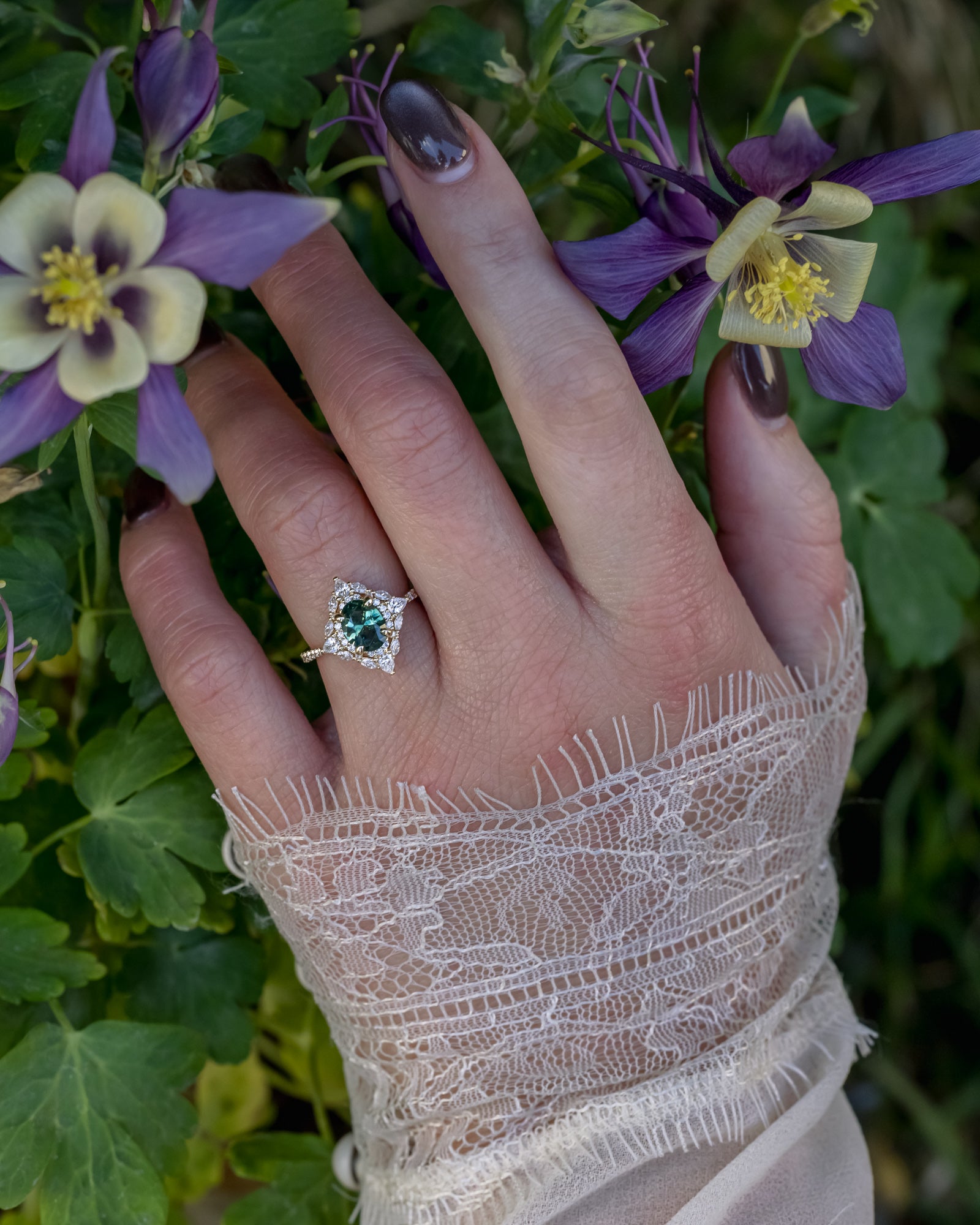 "North Star" - Oval Cut Montana Sapphire Engagement Ring With Diamond Halo & Accents-Staghead Designs