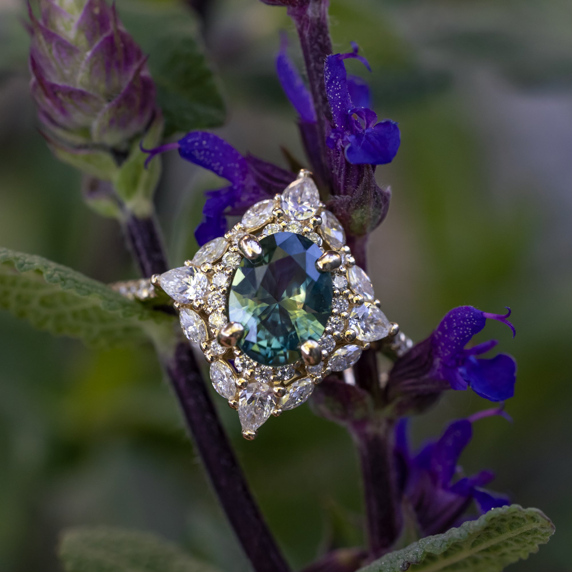 "North Star" - Oval Cut Montana Sapphire Engagement Ring With Diamond Halo & Accents-Staghead Designs