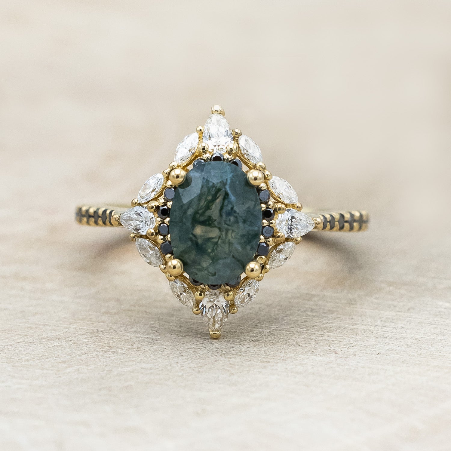 "North Star" - Oval Cut Moss Agate Engagement Ring With A Diamond Tracer-Staghead Designs