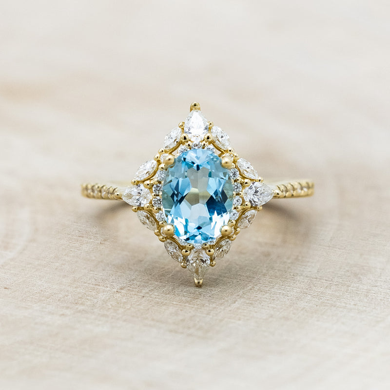 "NORTH STAR" - OVAL SKY BLUE TOPAZ ENGAGEMENT RING WITH DIAMOND HALO & ACCENTS-Staghead Designs