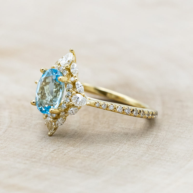 "NORTH STAR" - OVAL SKY BLUE TOPAZ ENGAGEMENT RING WITH DIAMOND HALO & ACCENTS-Staghead Designs