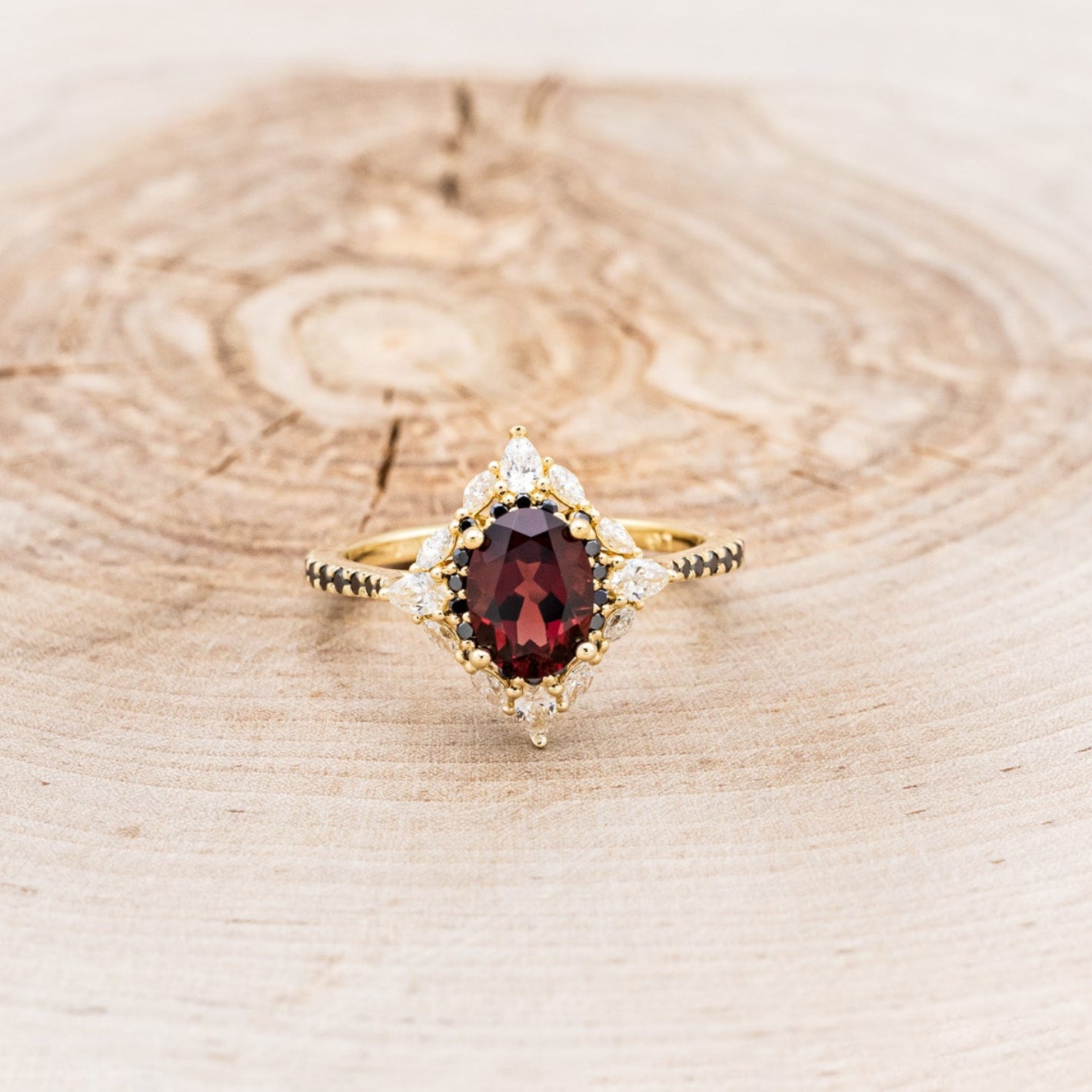 "NORTH STAR" - OVAL GARNET ENGAGEMENT RING WITH BLACK & WHITE DIAMOND HALO & ACCENTS-4