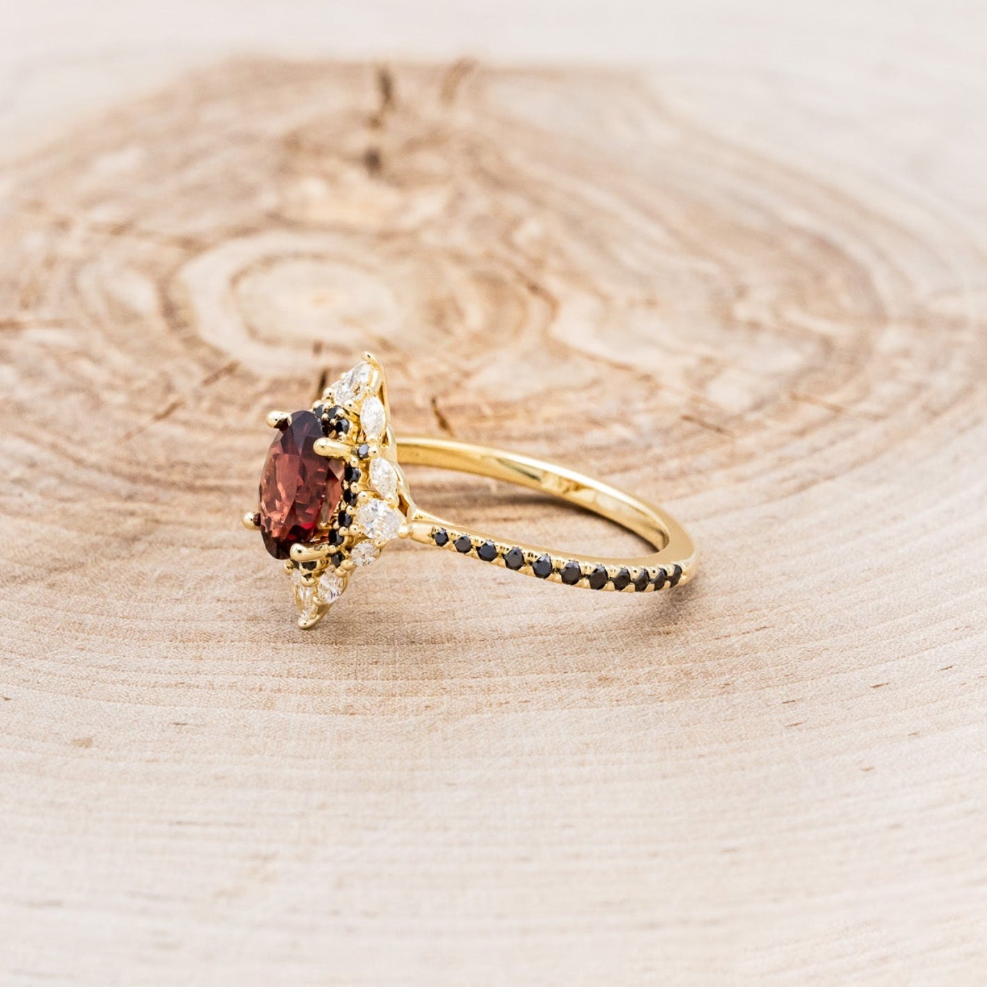 "NORTH STAR" - OVAL GARNET ENGAGEMENT RING WITH BLACK & WHITE DIAMOND HALO & ACCENTS-3