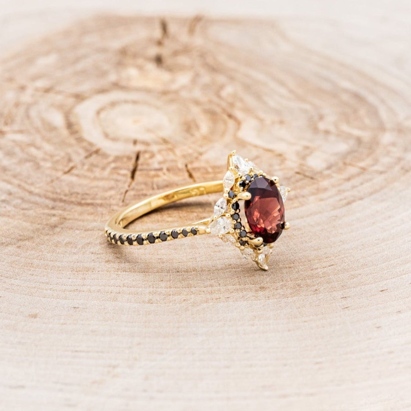 "NORTH STAR" - OVAL GARNET ENGAGEMENT RING WITH BLACK & WHITE DIAMOND HALO & ACCENTS-2