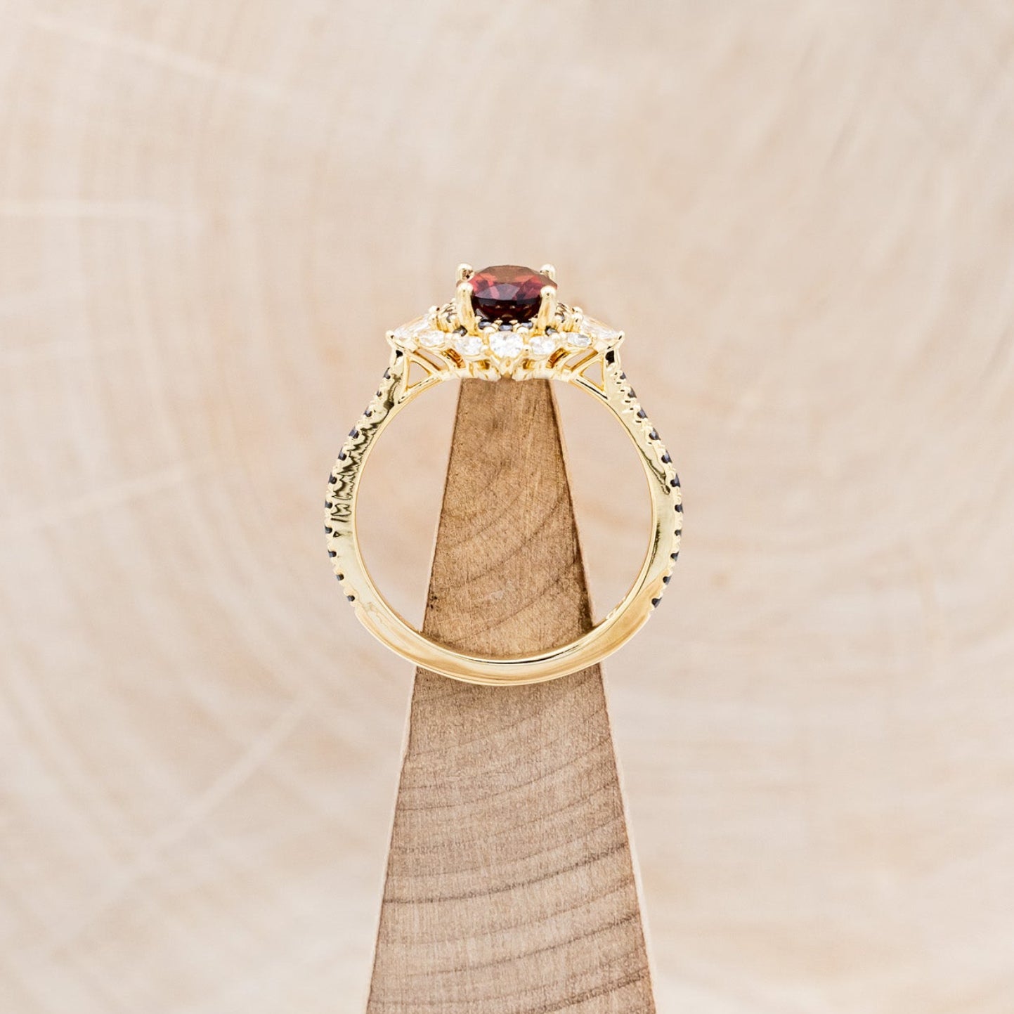 "NORTH STAR" - OVAL GARNET ENGAGEMENT RING WITH BLACK & WHITE DIAMOND HALO & ACCENTS-6