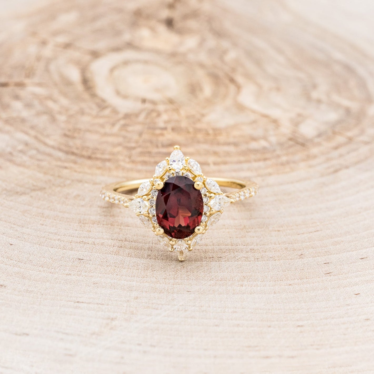 "NORTH STAR" - OVAL GARNET ENGAGEMENT RING WITH DIAMOND HALO & ACCENTS-16