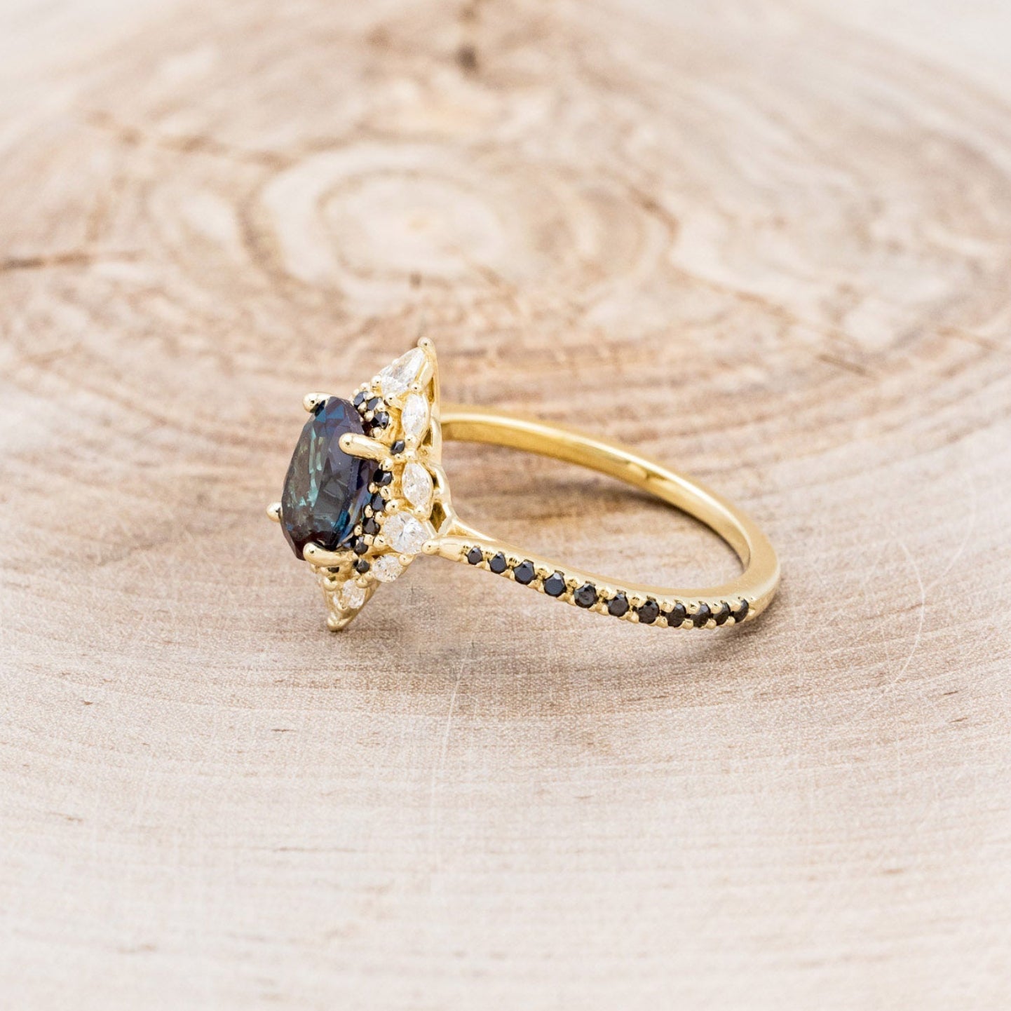"NORTH STAR" - OVAL LAB-GROWN ALEXANDRITE ENGAGEMENT RING WITH DIAMOND HALO & BLACK DIAMOND ACCENTS-15