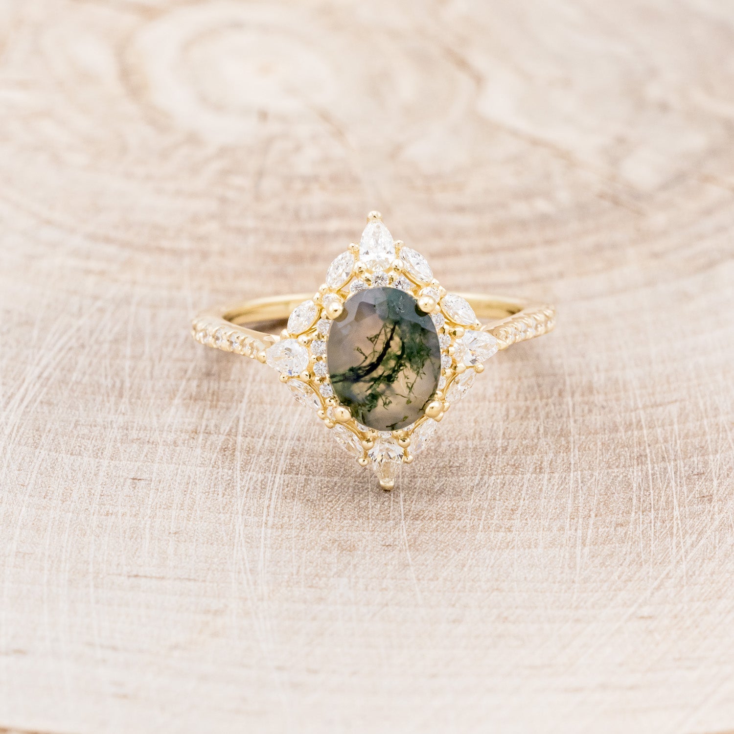 "NORTH STAR" - OVAL MOSS AGATE ENGAGEMENT RING WITH DIAMOND HALO, DIAMOND ACCENTS, & A DIAMOND TRACER-22