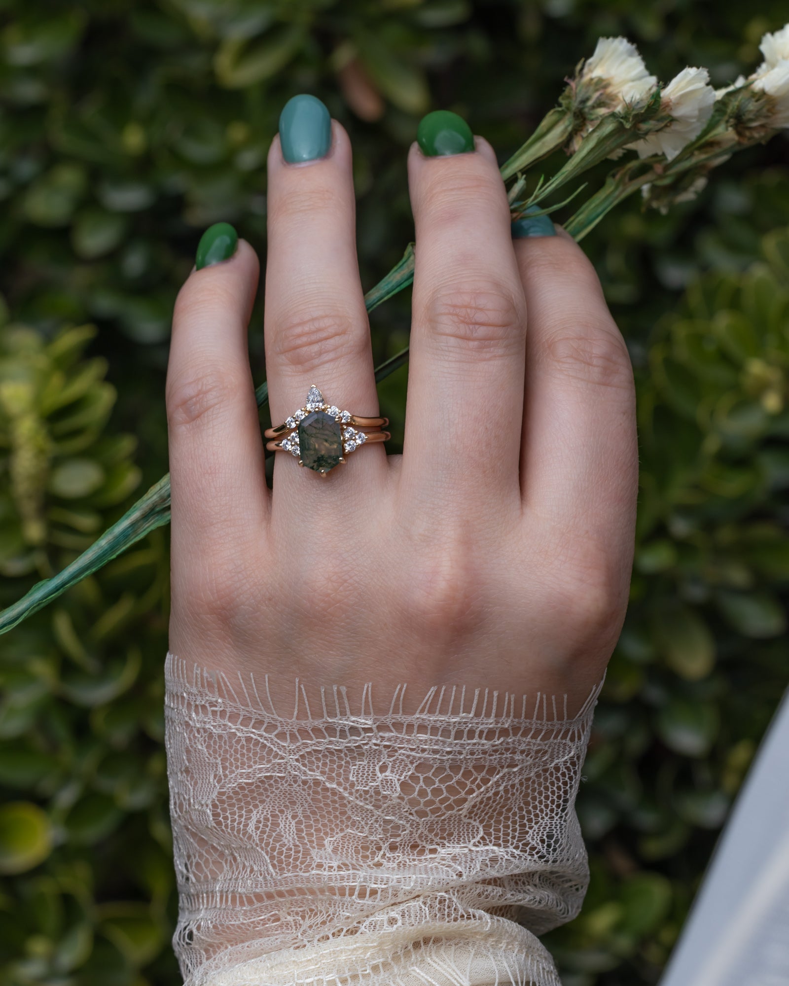 "OCTAVIA" - ELONGATED HEXAGON CUT MOSS AGATE ENGAGEMENT RING WITH DIAMOND ACCENTS & TRACER-Staghead Designs