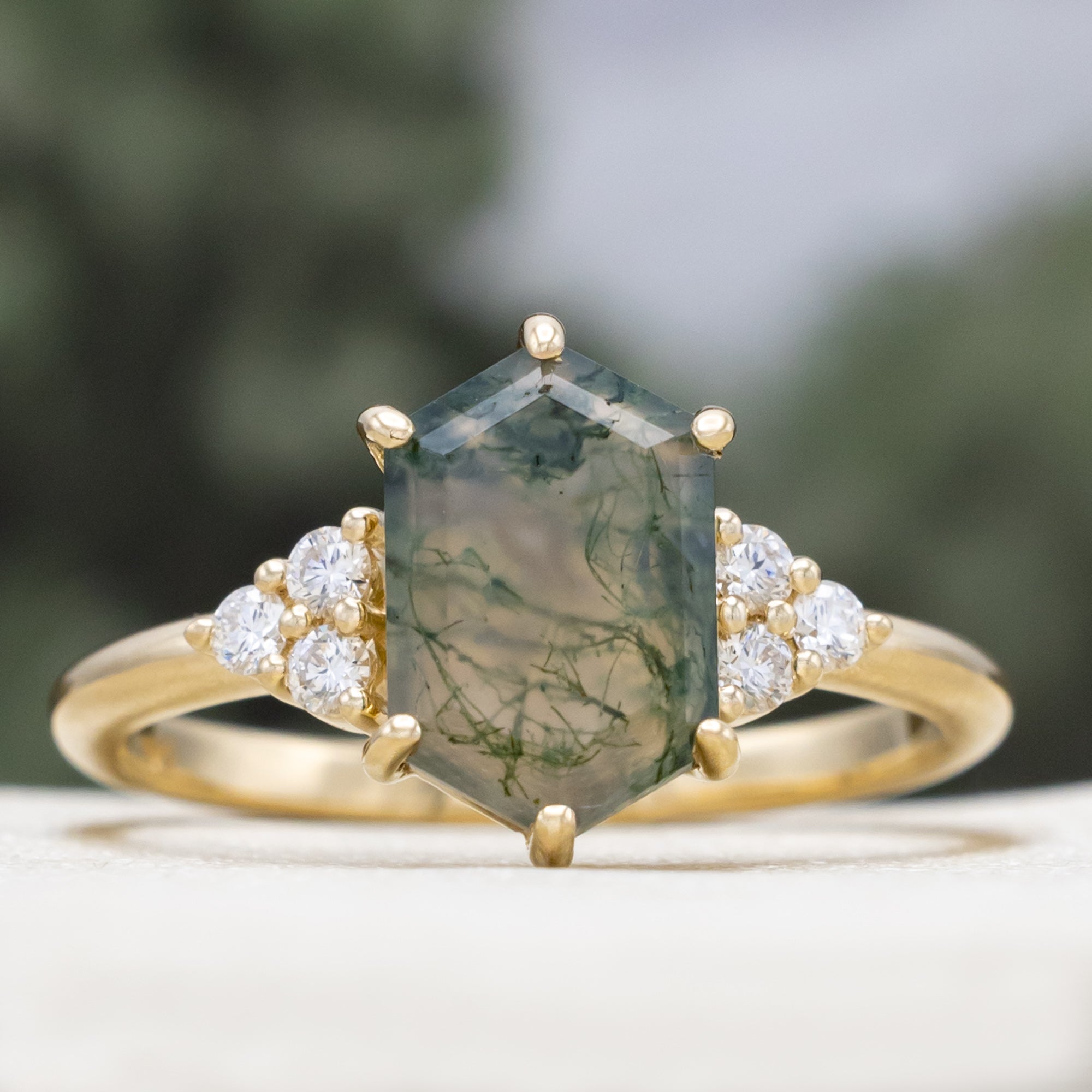 "OCTAVIA" - ELONGATED HEXAGON CUT MOSS AGATE ENGAGEMENT RING WITH DIAMOND ACCENTS & TRACER-Staghead Designs