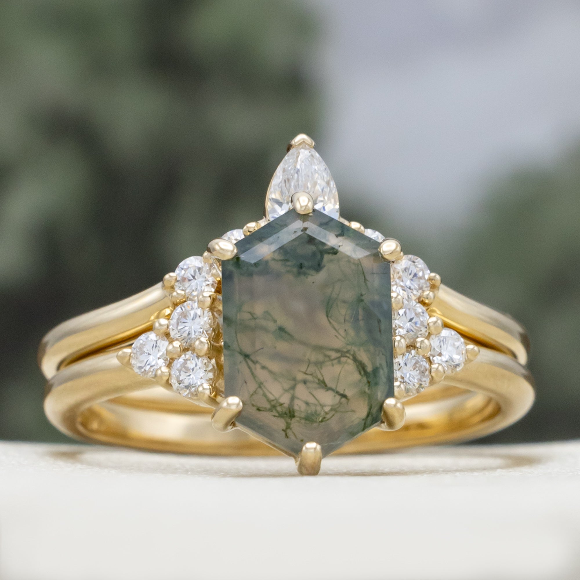 "OCTAVIA" - ELONGATED HEXAGON CUT MOSS AGATE ENGAGEMENT RING WITH DIAMOND ACCENTS & TRACER-Staghead Designs