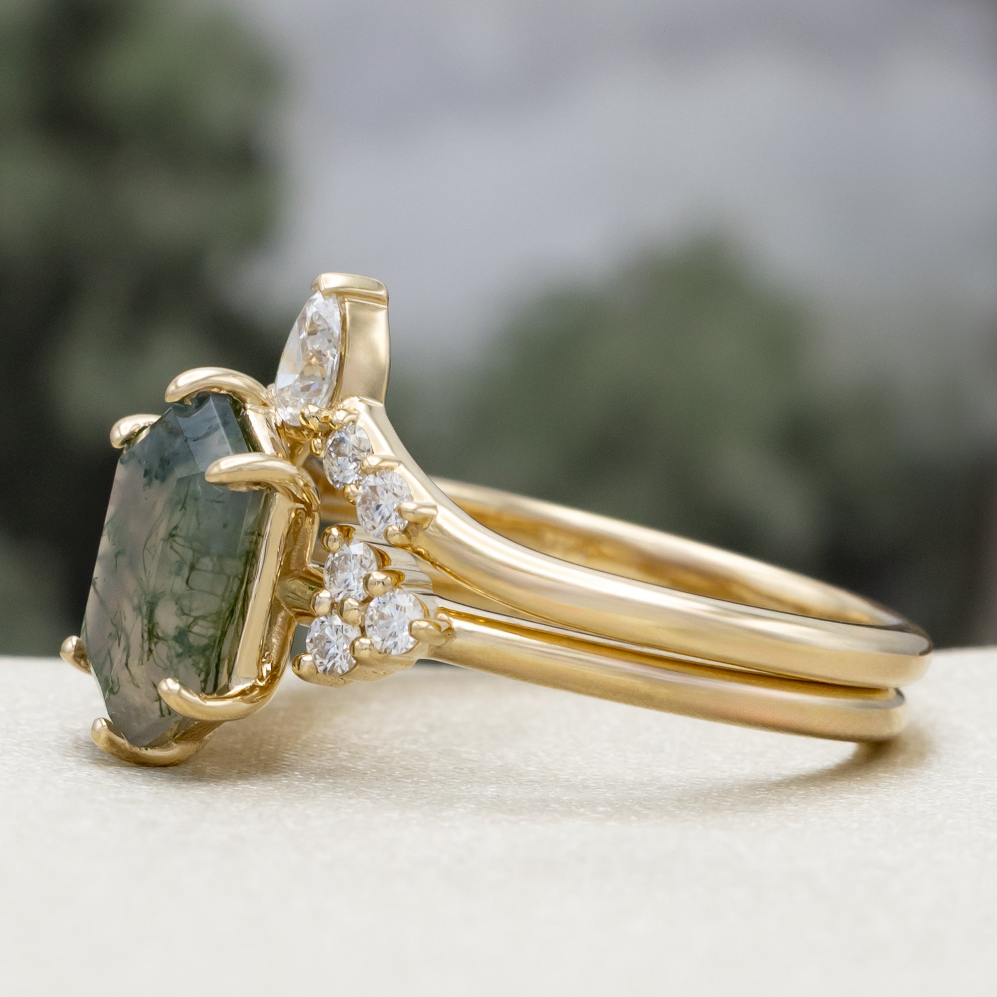 "OCTAVIA" - ELONGATED HEXAGON CUT MOSS AGATE ENGAGEMENT RING WITH DIAMOND ACCENTS & TRACER-Staghead Designs