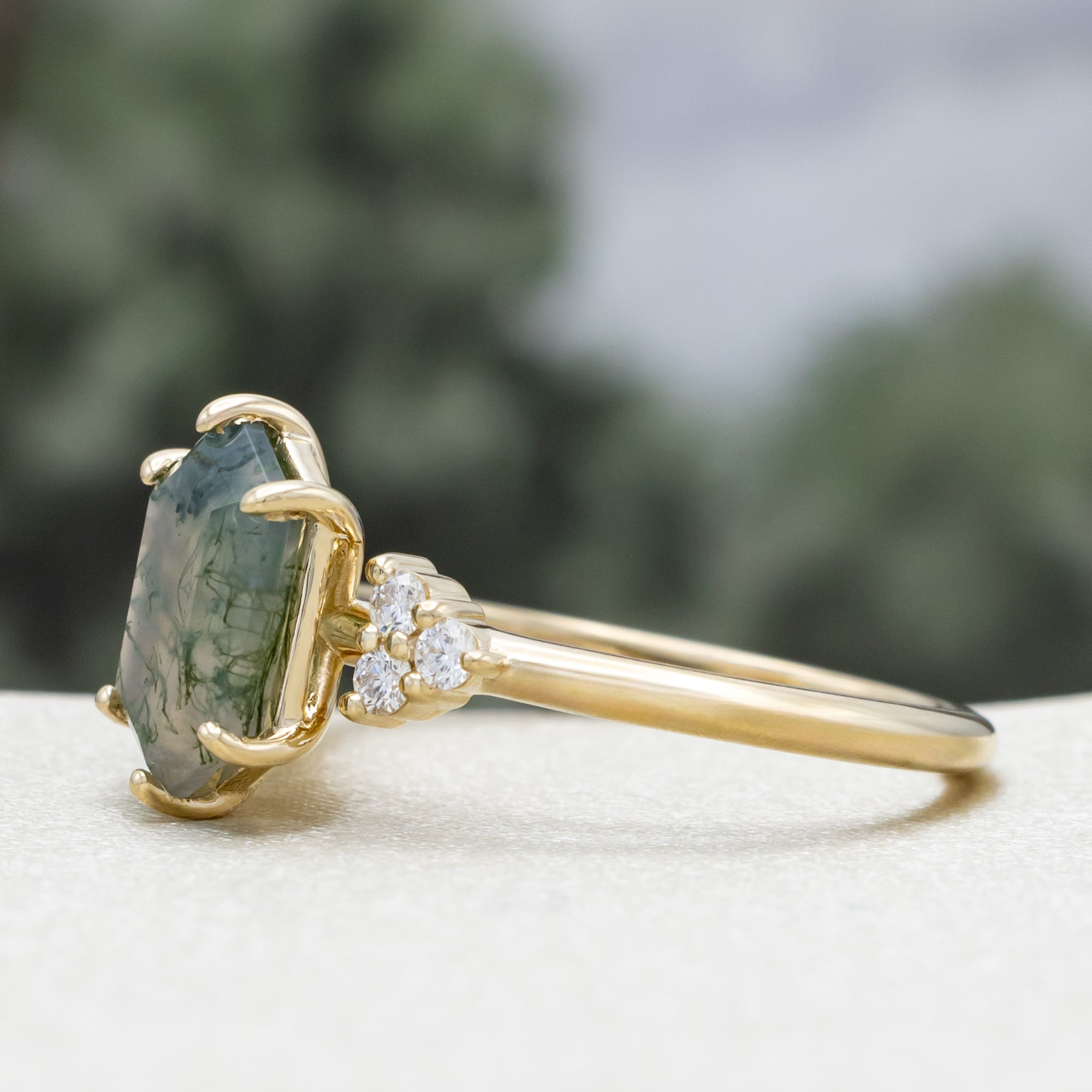 "OCTAVIA" - ELONGATED HEXAGON CUT MOSS AGATE ENGAGEMENT RING WITH DIAMOND ACCENTS & TRACER-Staghead Designs