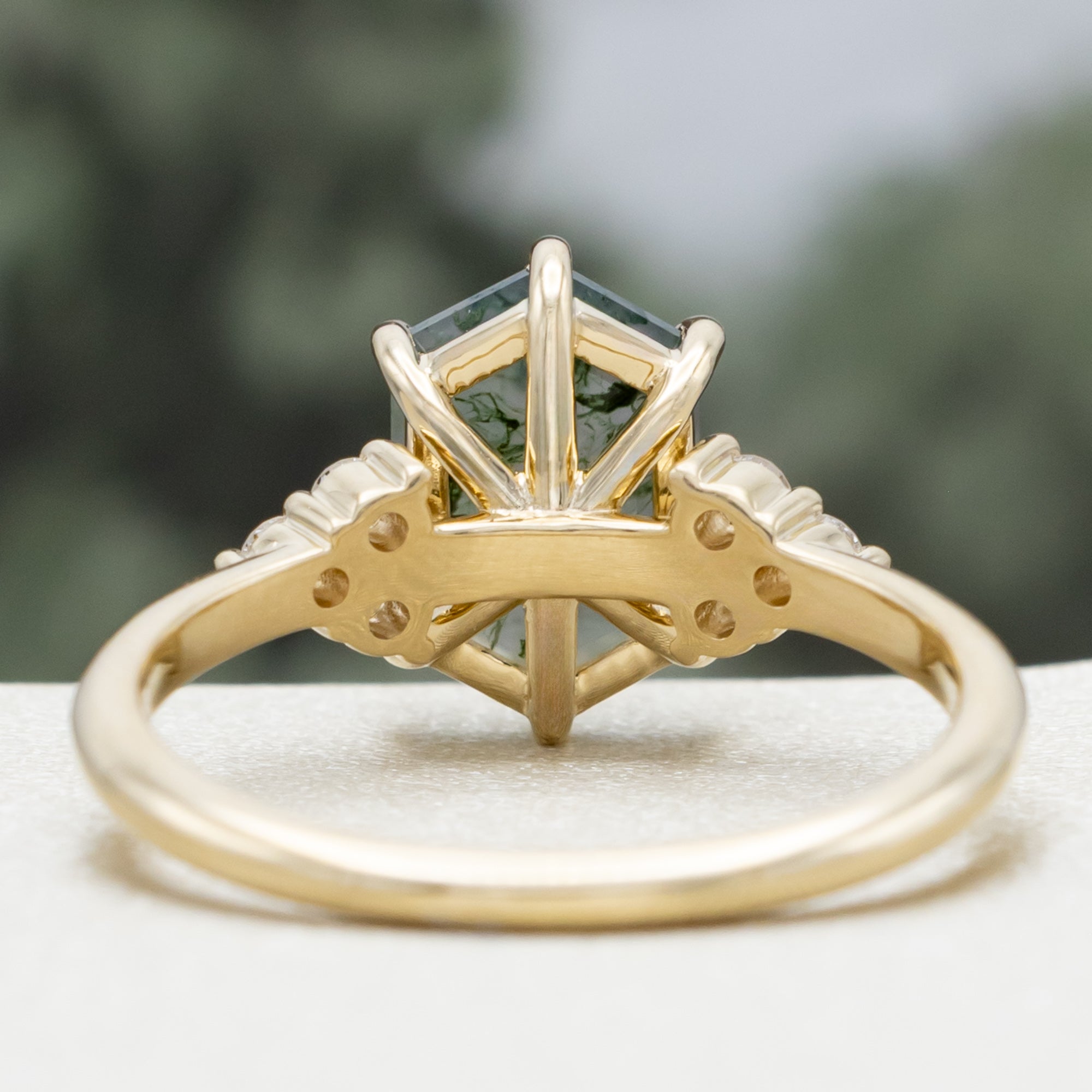 "OCTAVIA" - ELONGATED HEXAGON CUT MOSS AGATE ENGAGEMENT RING WITH DIAMOND ACCENTS & TRACER-Staghead Designs