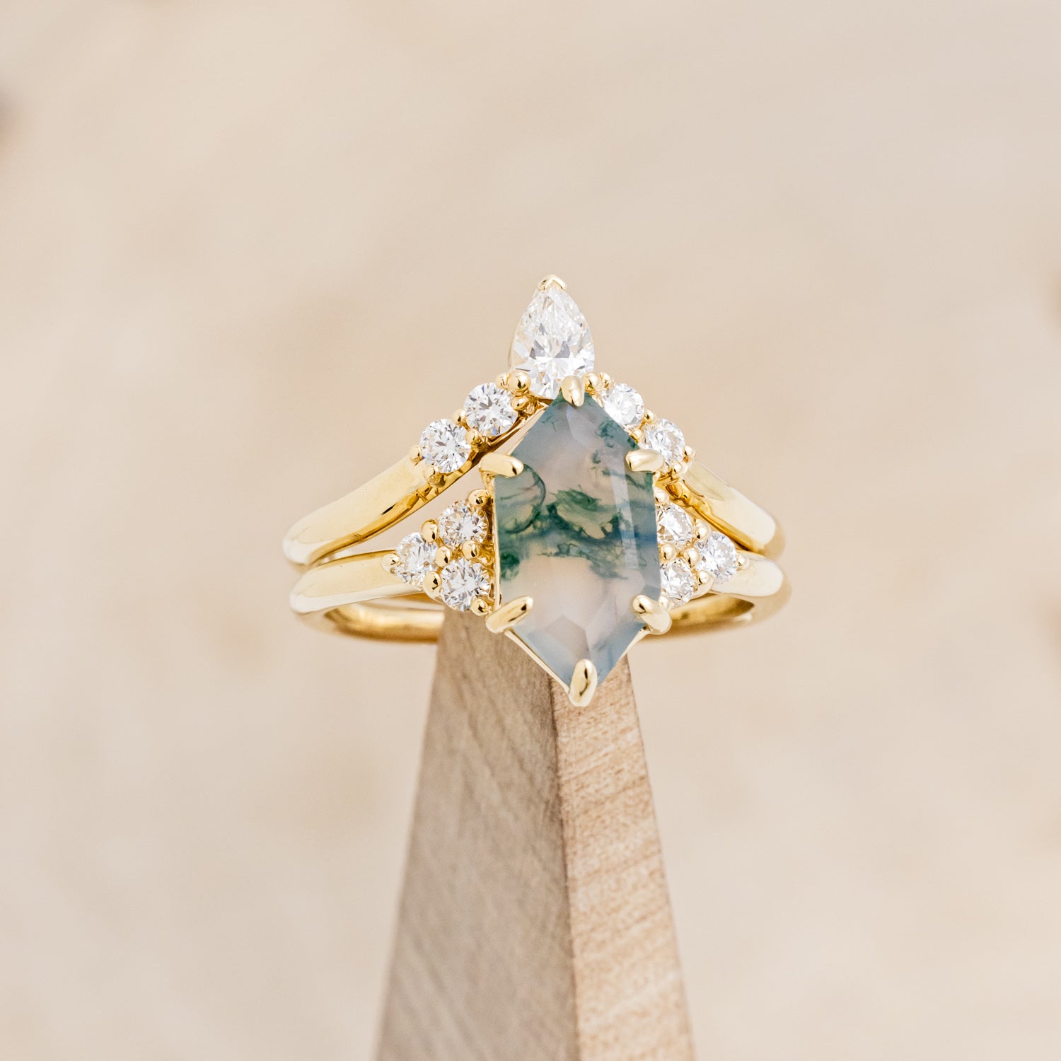 MATCHING SET OF "OCTAVIA" MOSS AGATE & TRACER WITH "DYAD" ANTLER & MOSS WEDDING RINGS-21