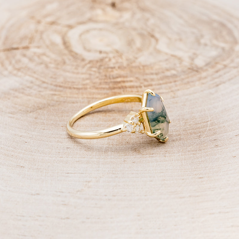 "OCTAVIA" - ELONGATED HEXAGON MOSS AGATE ENGAGEMENT RING WITH DIAMOND ACCENTS & TRACER