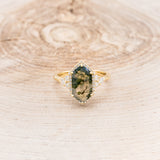 "OCTAVIA" - ELONGATED HEXAGON MOSS AGATE ENGAGEMENT RING WITH DIAMOND HALO & ACCENTS-16