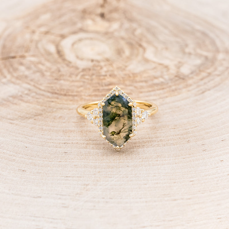 "OCTAVIA" - ELONGATED HEXAGON MOSS AGATE ENGAGEMENT RING WITH DIAMOND HALO & ACCENTS-16