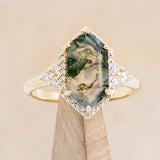 "OCTAVIA" - ELONGATED HEXAGON MOSS AGATE ENGAGEMENT RING WITH DIAMOND HALO & ACCENTS-13