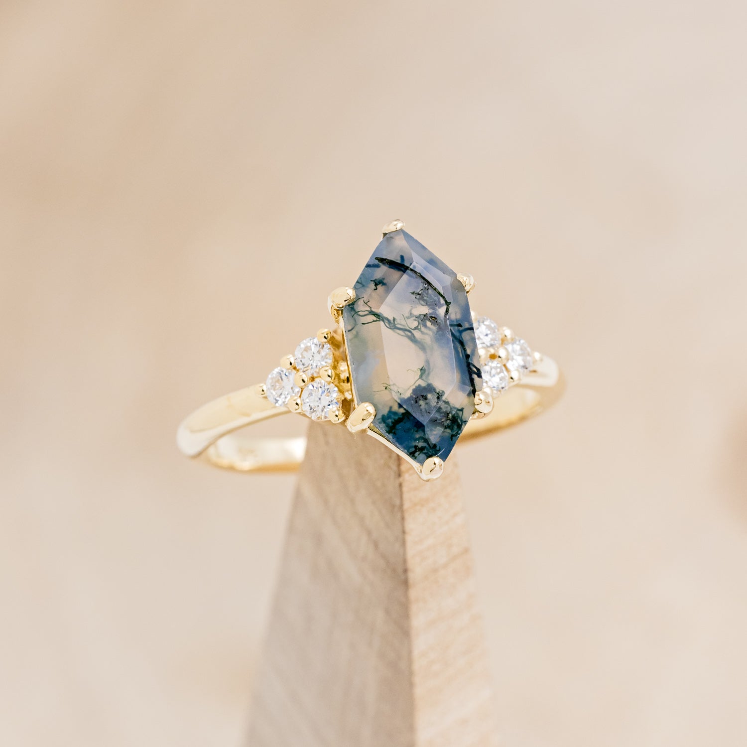 MATCHING SET OF "OCTAVIA" MOSS AGATE & TRACER WITH "DYAD" ANTLER & MOSS WEDDING RINGS-23