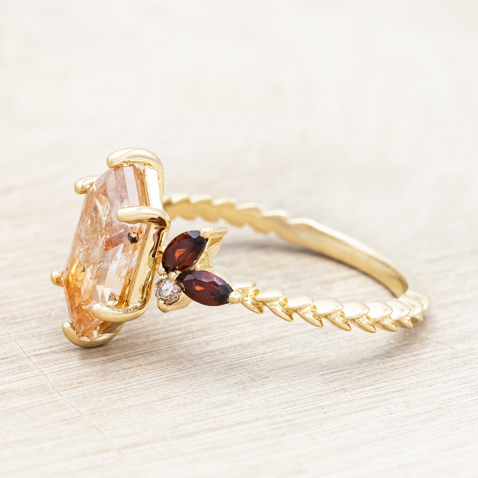 Gold ring featuring salt & pepper diamond with garnet and champagne diamond accents on a neutral background