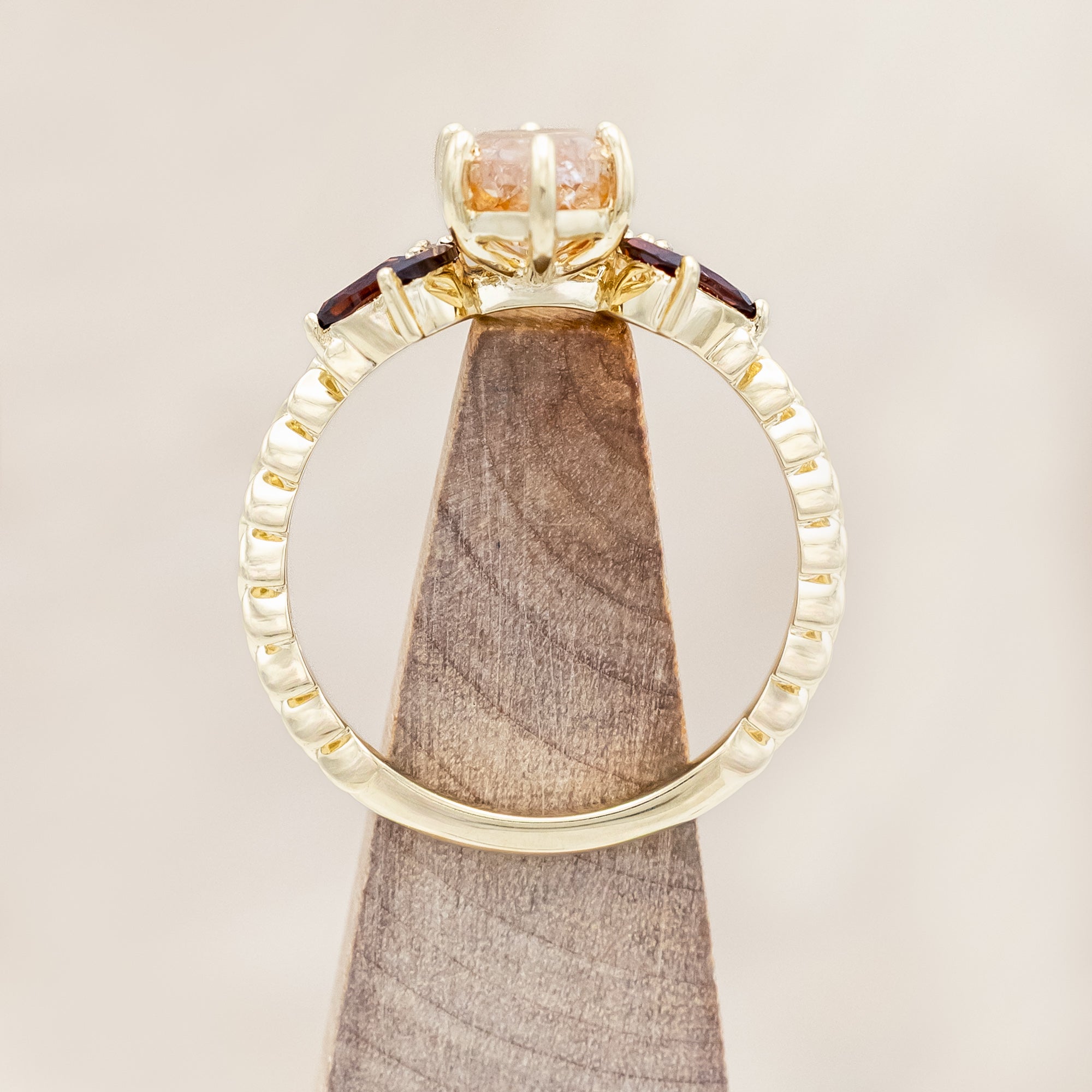 Gold ring featuring salt & pepper diamond with garnet and champagne diamond accents on a neutral background