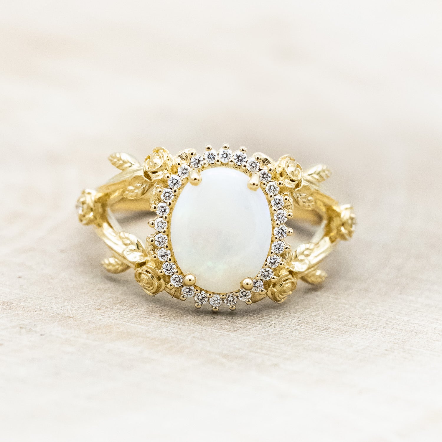 "ROSELLE" - OVAL CUT AUSTRALIAN OPAL ENGAGEMENT RING WITH DIAMOND & ROSE ACCENTS-Staghead Designs