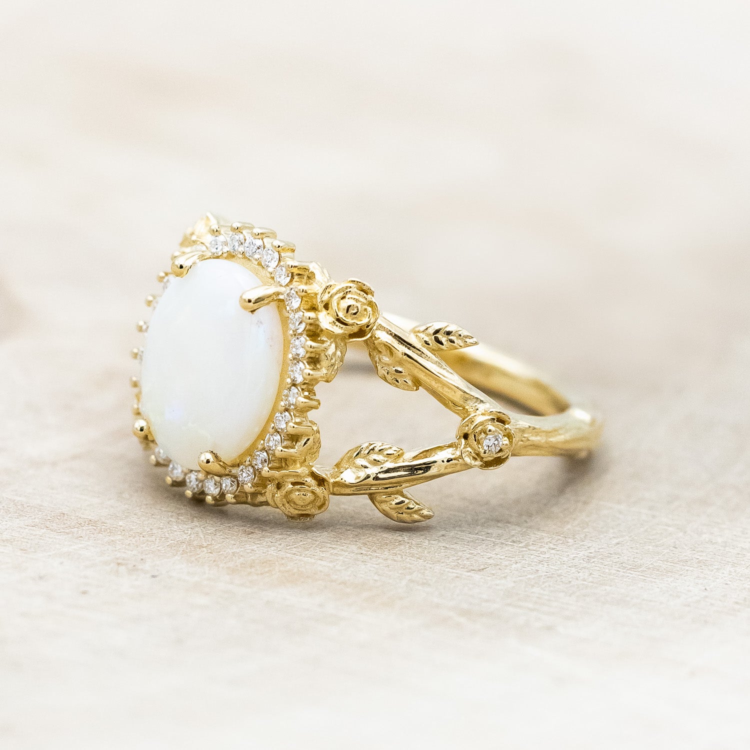 "ROSELLE" - OVAL CUT AUSTRALIAN OPAL ENGAGEMENT RING WITH DIAMOND & ROSE ACCENTS-Staghead Designs