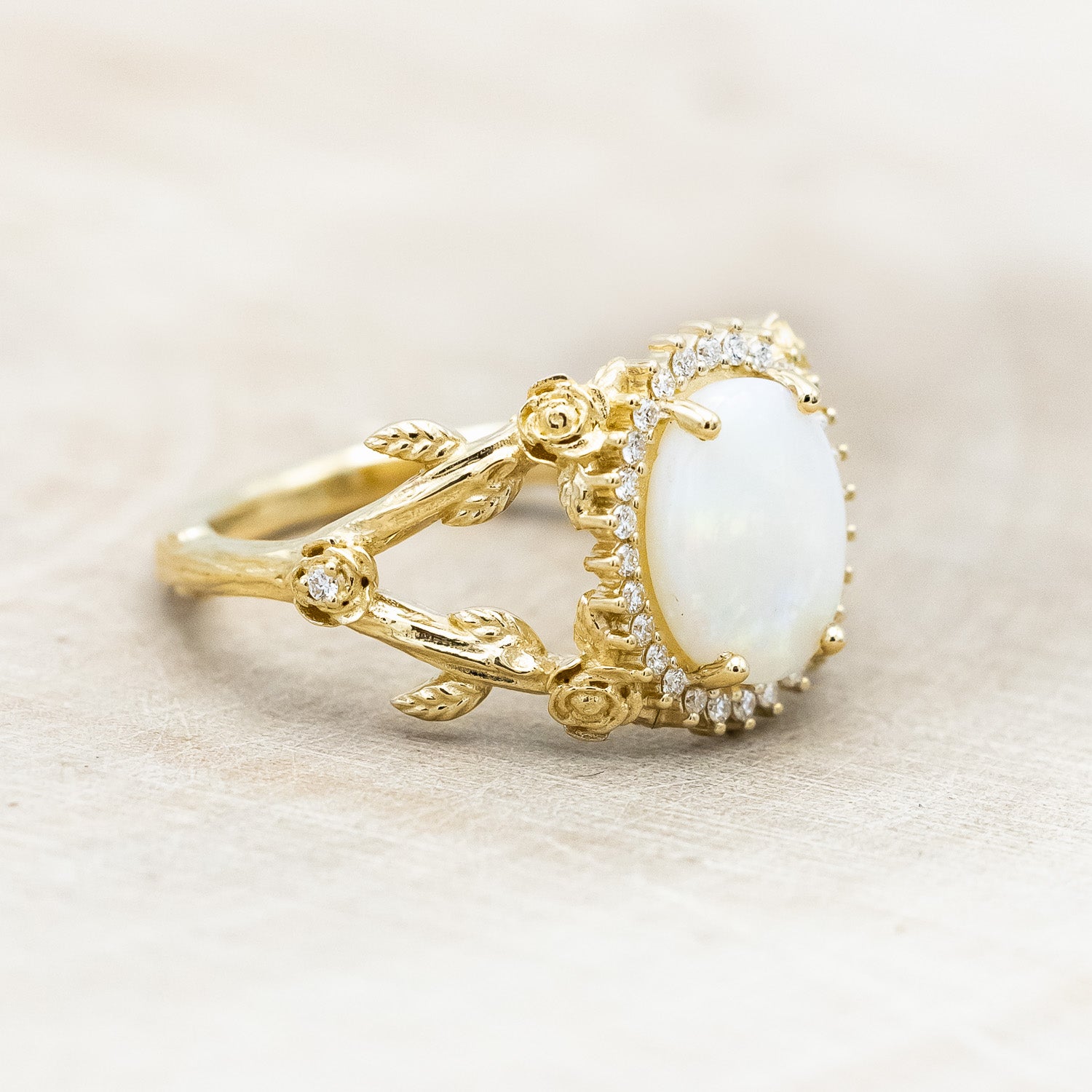 "ROSELLE" - OVAL CUT AUSTRALIAN OPAL ENGAGEMENT RING WITH DIAMOND & ROSE ACCENTS-Staghead Designs