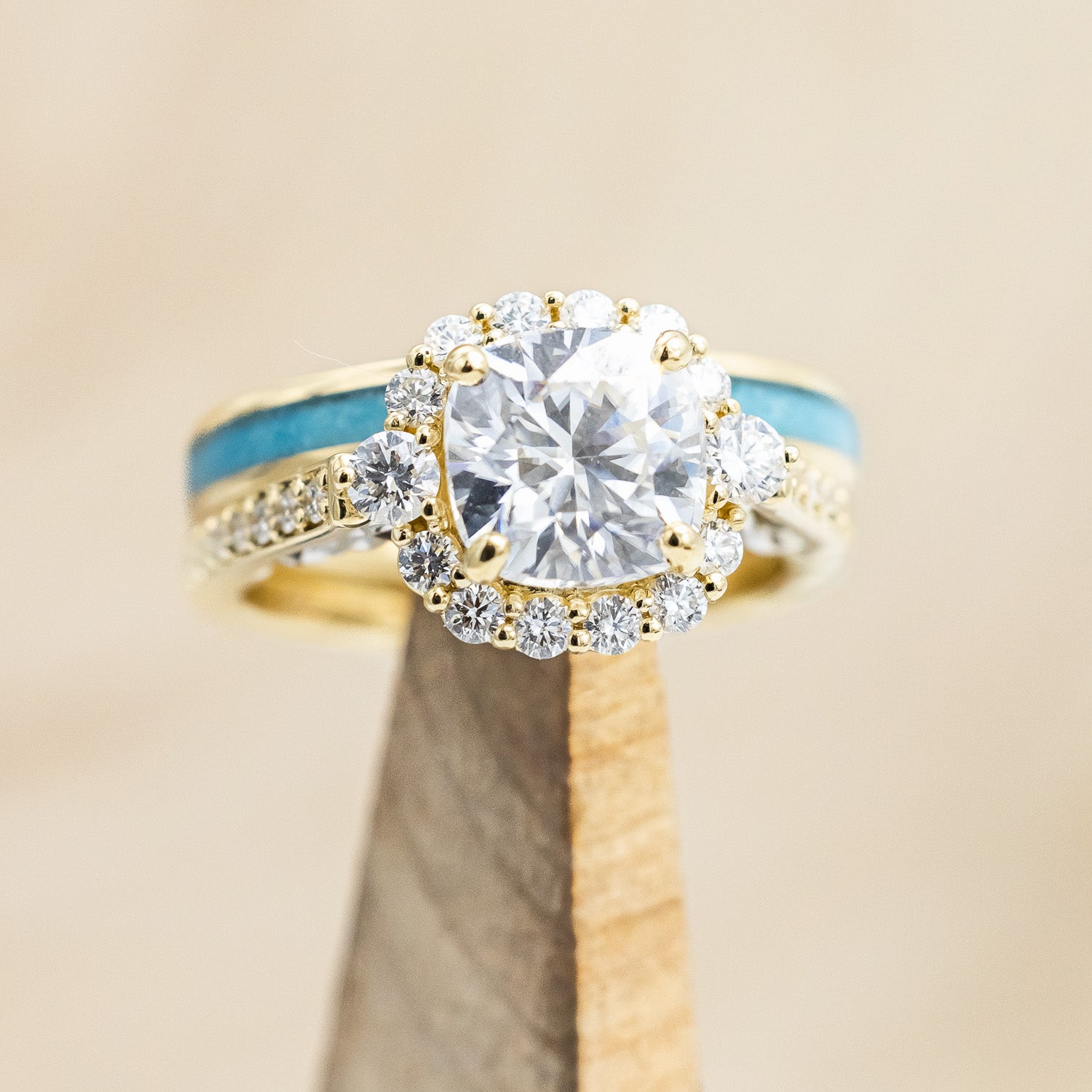 "OPHELIA" - CUSHION CUT MOISSANITE ENGAGEMENT RING WITH TURQUOISE STACKING BAND-Staghead Designs