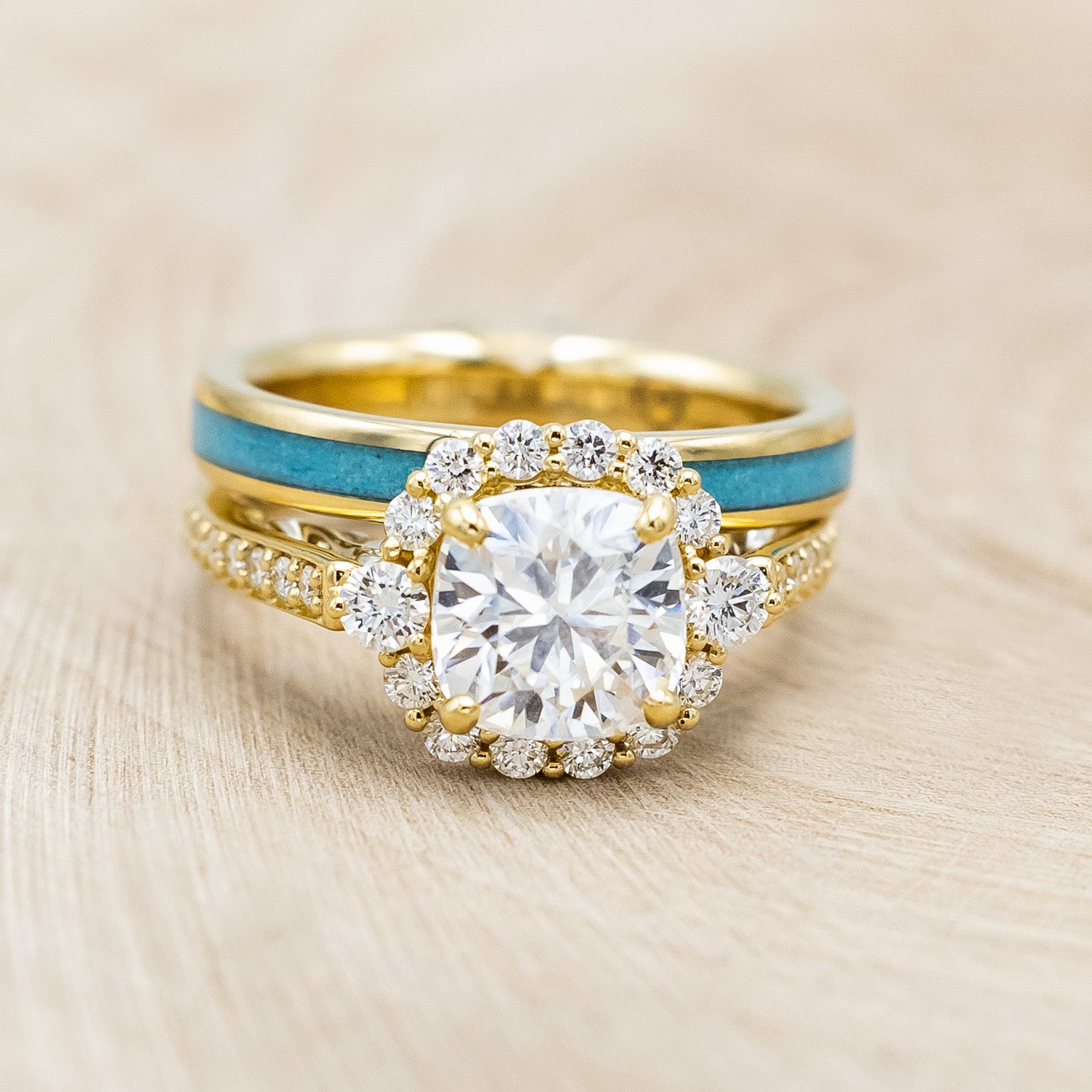 "OPHELIA" - CUSHION CUT MOISSANITE ENGAGEMENT RING WITH TURQUOISE STACKING BAND-Staghead Designs