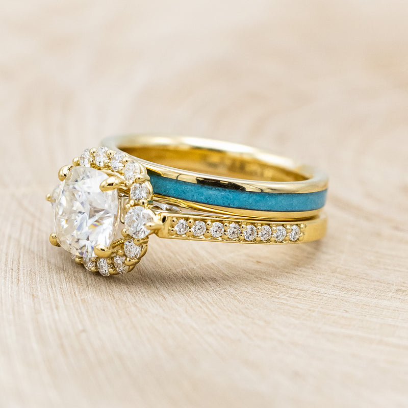 "OPHELIA" - CUSHION CUT MOISSANITE ENGAGEMENT RING WITH TURQUOISE STACKING BAND