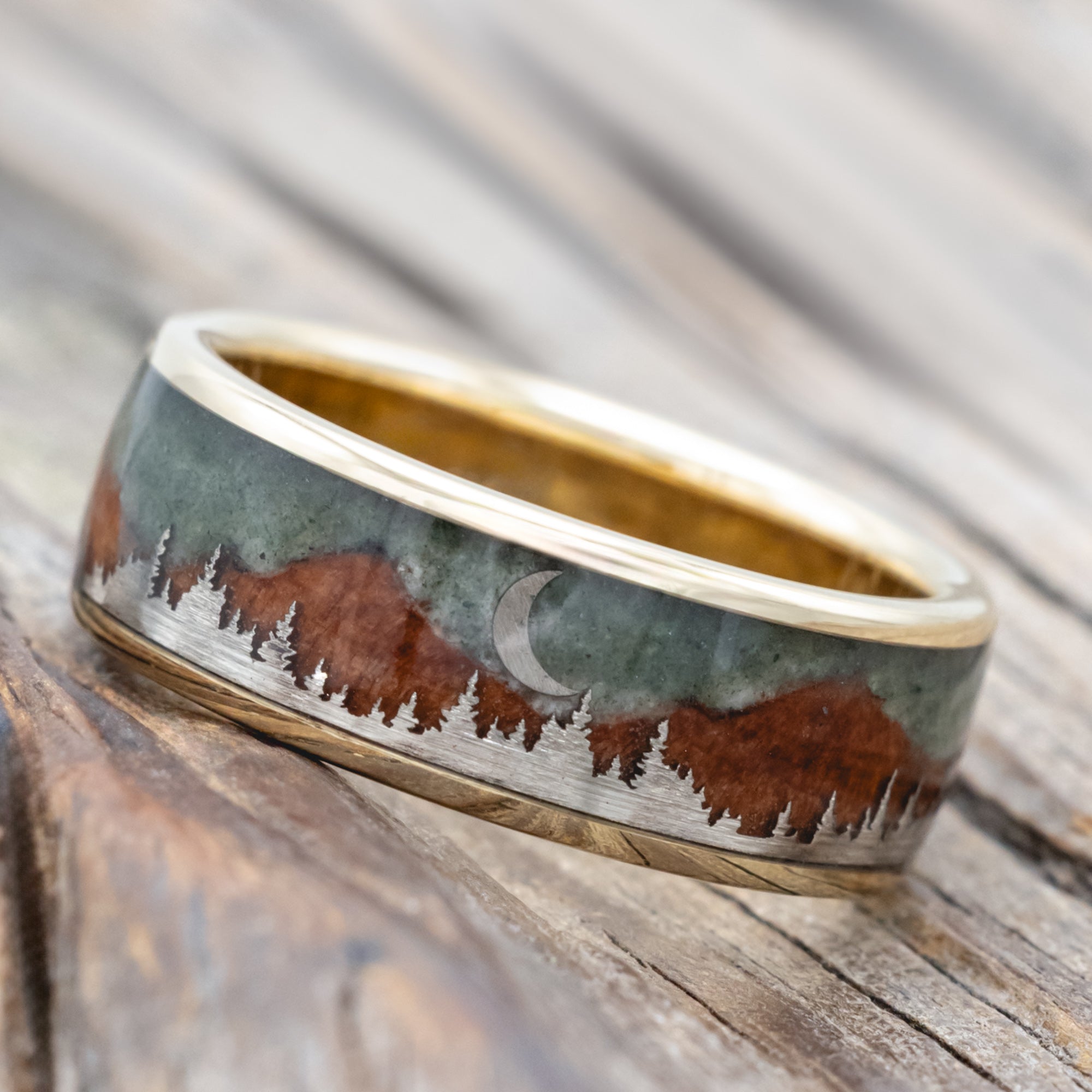 "Orion" - Moss Agate & Redwood Mountain Range Wedding Band With 14K Gold Tree & Crescent Moon Accents-Staghead Designs