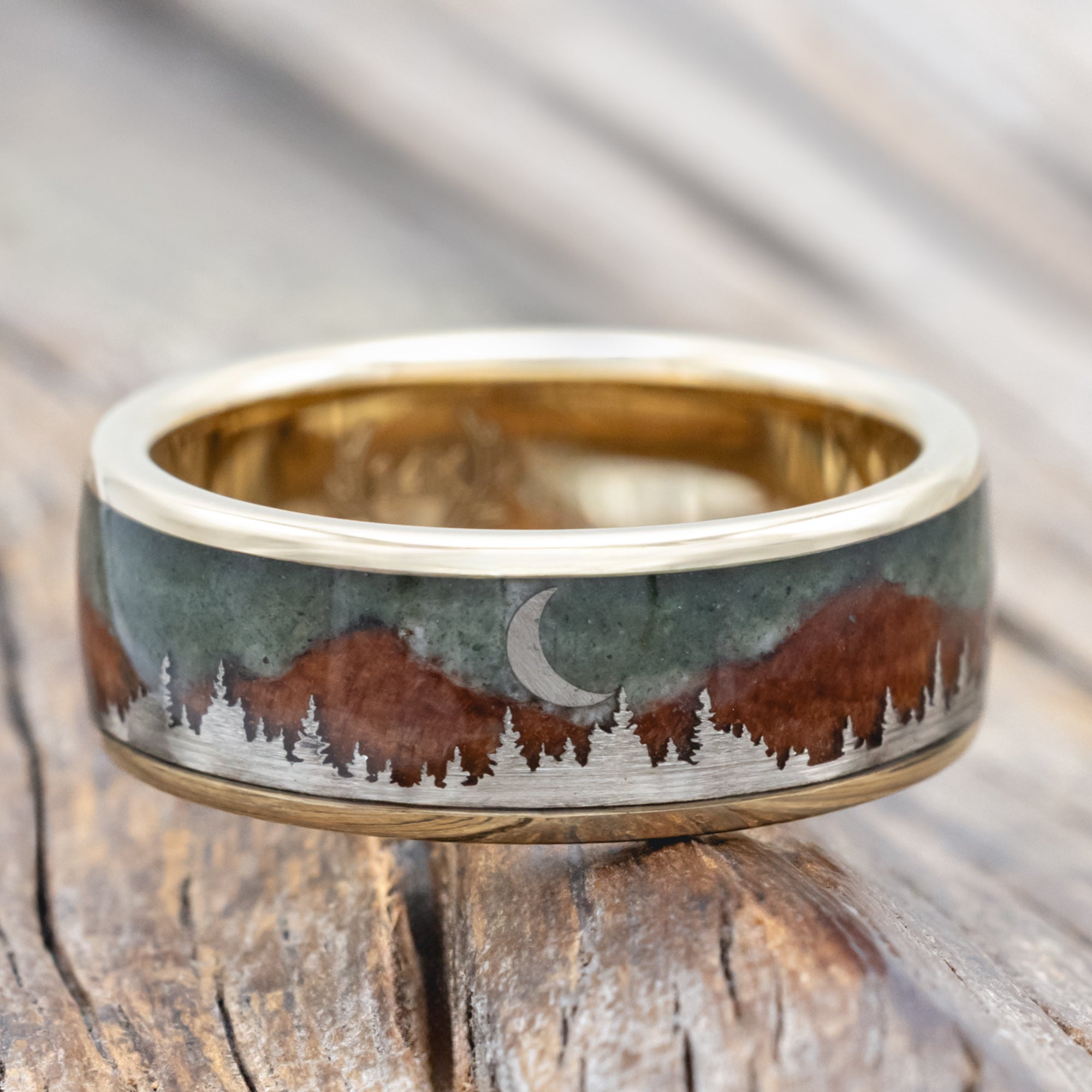 "Orion" - Moss Agate & Redwood Mountain Range Wedding Band With 14K Gold Tree & Crescent Moon Accents-Staghead Designs