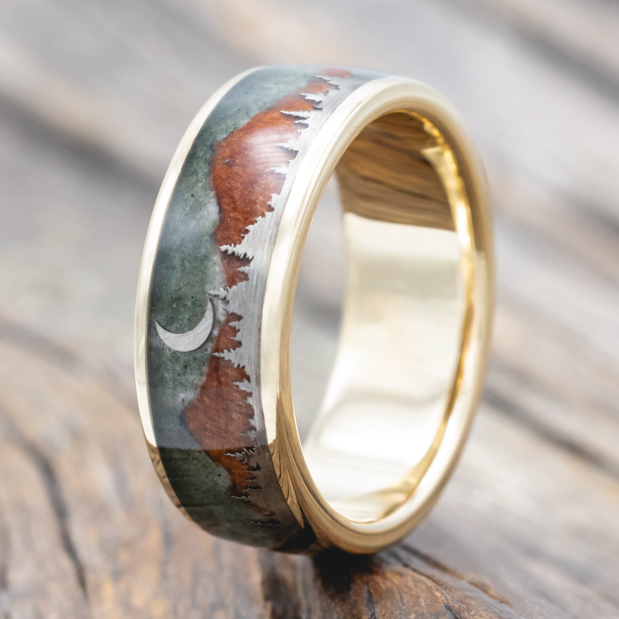 "Orion" - Moss Agate & Redwood Mountain Range Wedding Band With 14K Gold Tree & Crescent Moon Accents-Staghead Designs
