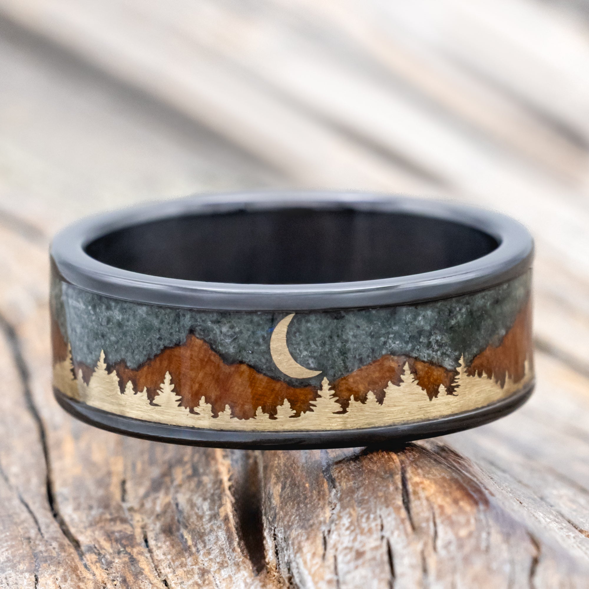 "Orion" - Moss Agate & Redwood Mountain Range Wedding Band With 14K Gold Tree & Crescent Moon Accents