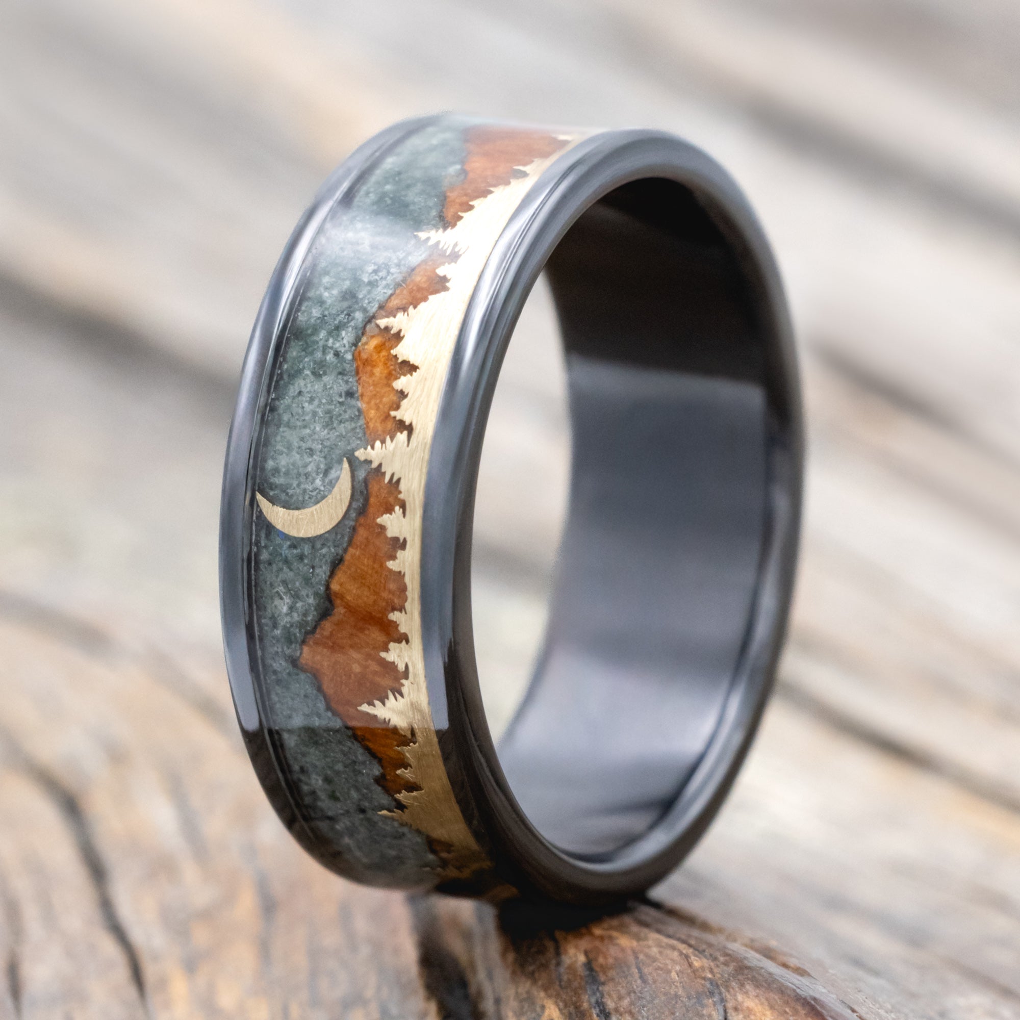 "Orion" - Moss Agate & Redwood Mountain Range Wedding Band With 14K Gold Tree & Crescent Moon Accents