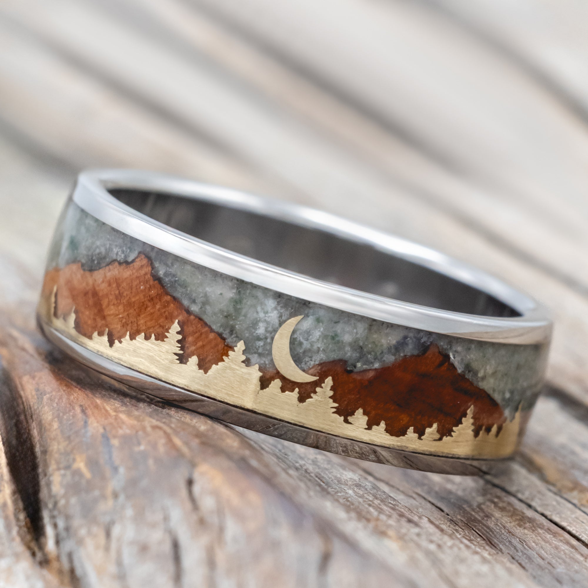 "Orion" - Moss Agate & Redwood Mountain Range Wedding Band With 14K Gold Tree & Crescent Moon Accents-Staghead Designs