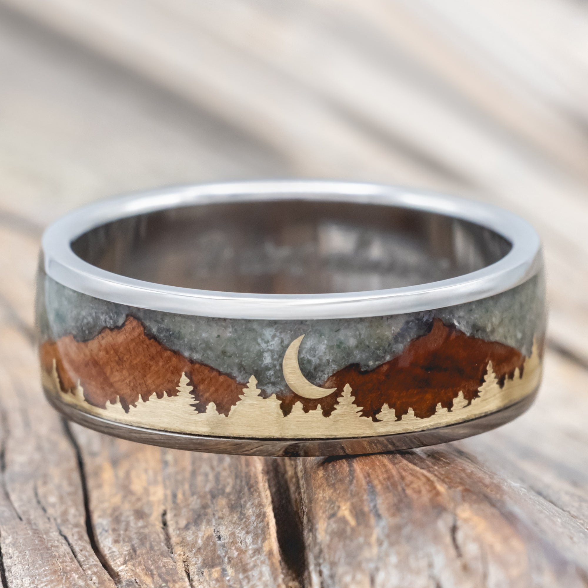 "Orion" - Moss Agate & Redwood Mountain Range Wedding Band With 14K Gold Tree & Crescent Moon Accents-Staghead Designs